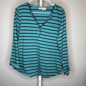 Jones New York Women's XL Stripe Top Button TopShirt Button Sleeve Blue & Black